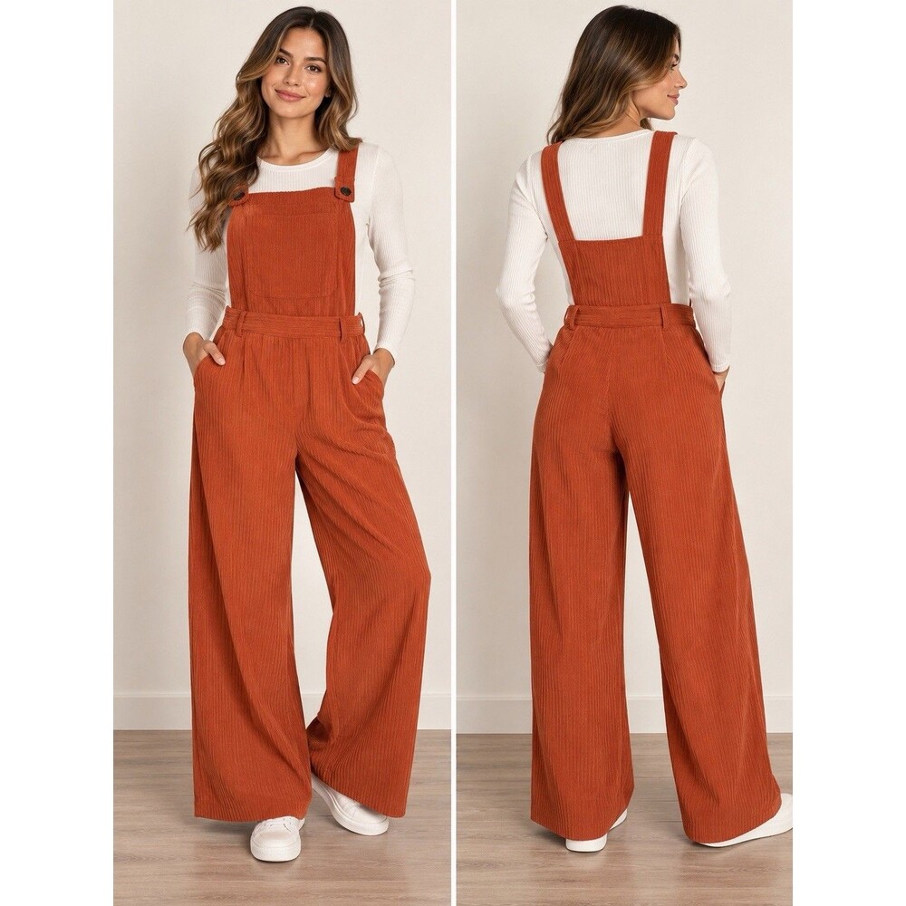 Cider Women’s Small Rust Orange Corduroy Overalls Wide Leg Jumpsuit Belted